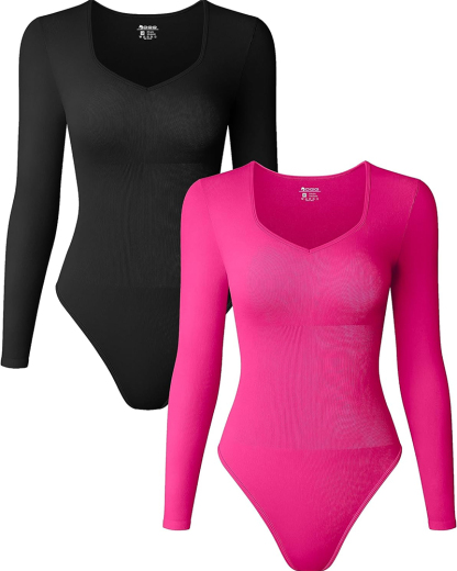 Sweetheart V Neck Ribbed Long Sleeve Bodysuit