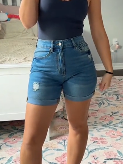 High Waisted Distressed Rolled Up Denim Shorts