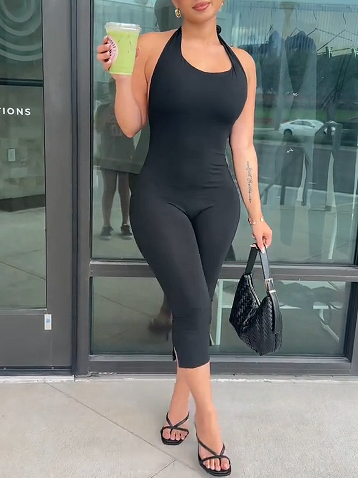 Women's Solid Color Comfortable Sleeveless Backless Halter Neck Tights Jumpsuit