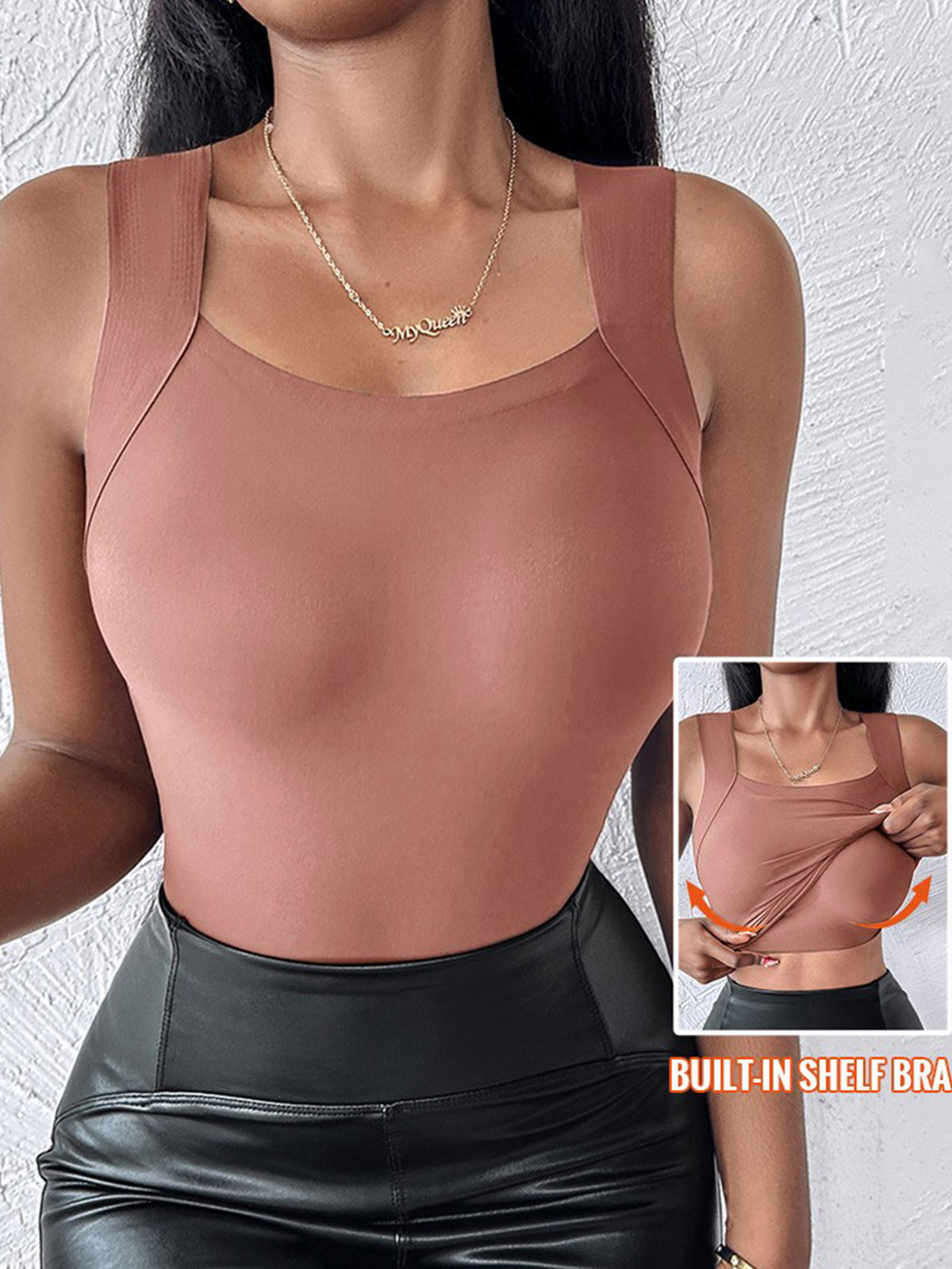 U Neck Shapewear Built-in Bra Tank High Strechy Sleeveless Slim Fit Tops Camisole