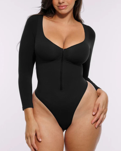Front Zipper Seamless Slimming Long Sleeve Thong Bodysuit