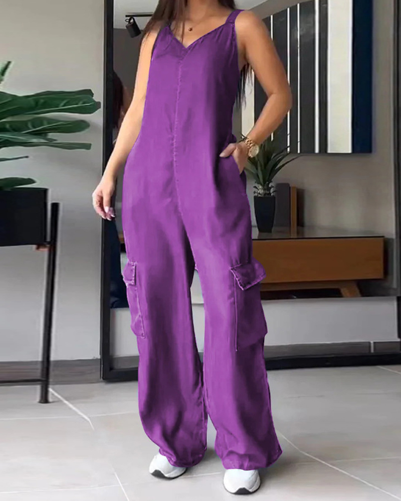 Loose Casual Pocket V-Neck Jumpsuit