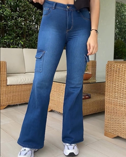 Pocket Cargo Style Flared Jeans