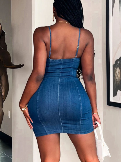 Bow Spaghetti Strap Denim Short Dress
