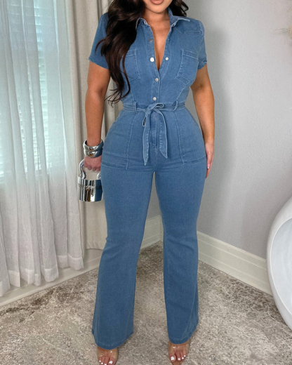 Denim Short-Sleeve Jumpsuit With Waist Tie