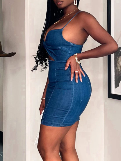 Bow Spaghetti Strap Denim Short Dress