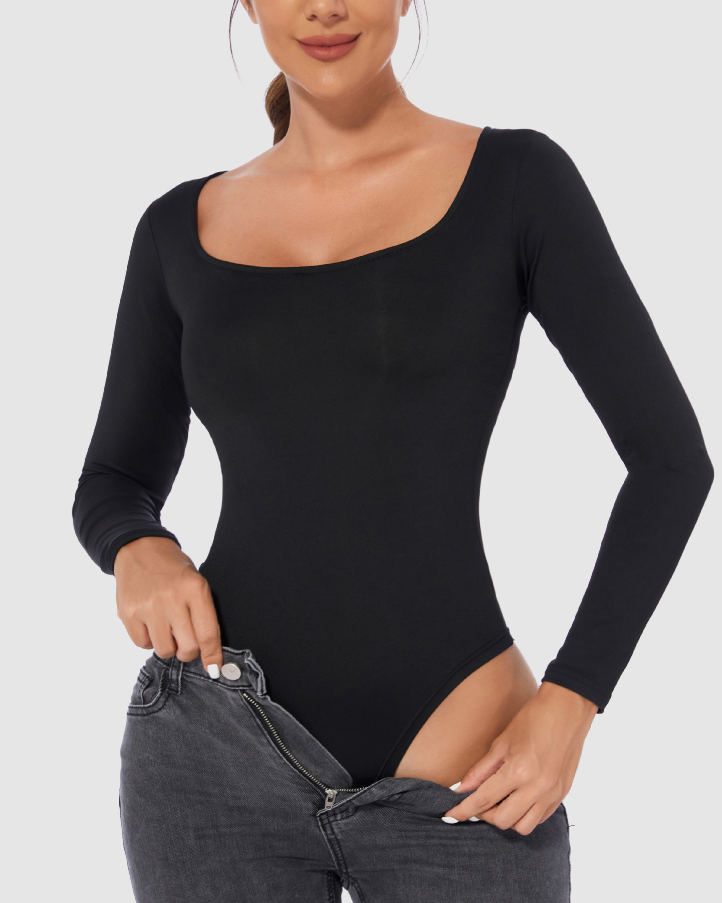 Square Neck Long Sleeves Skinny Bodysuit