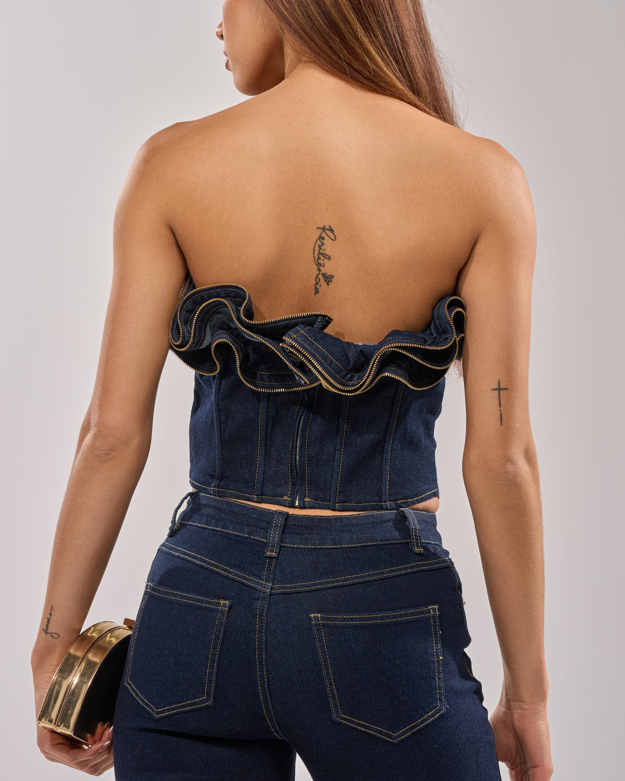 Wavy Ruffle Top For Women Demin Corset With Zipper