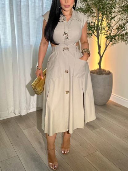 Business Suit Sleeveless Shirt Collar Dress Waist Hollow Design Long Skirt