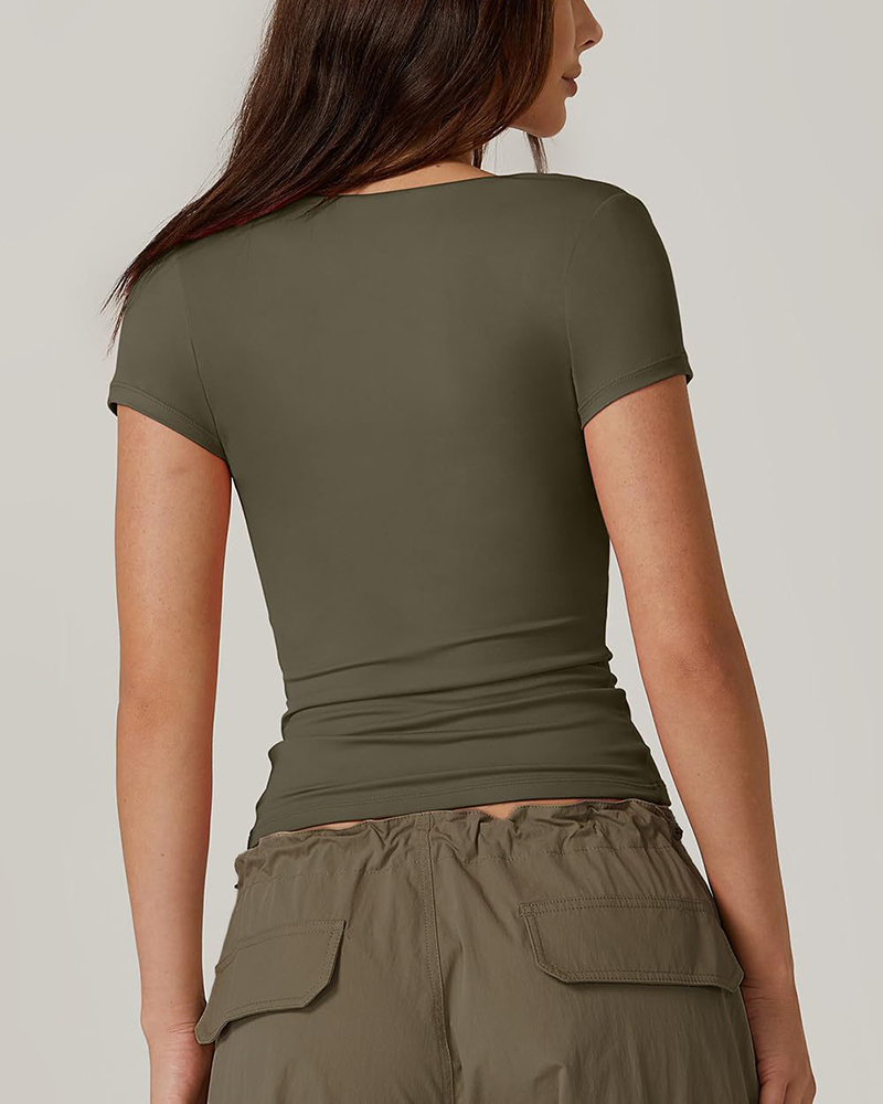 Square Neck Short Sleeve T Shirts Basic Tee Slim Fit Tops