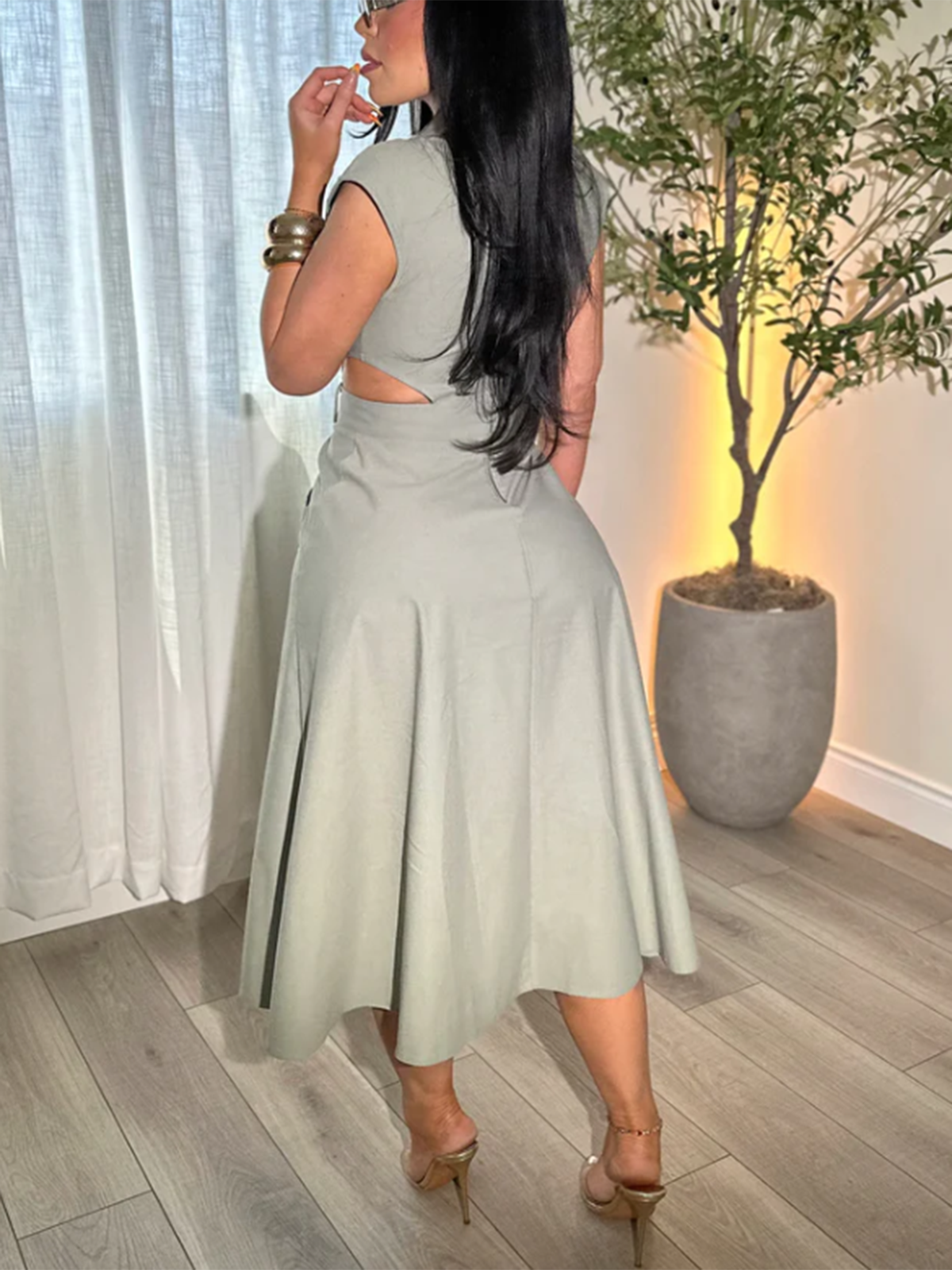 Business Suit Sleeveless Shirt Collar Dress Waist Hollow Design Long Skirt