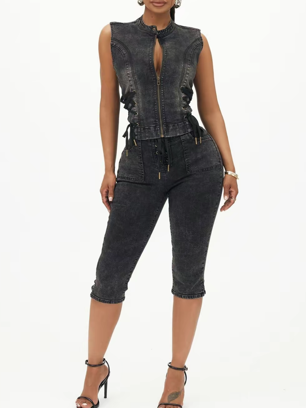 Black Washed Drawstring Stretch Denim Top And Capri Pants Two Piece Set