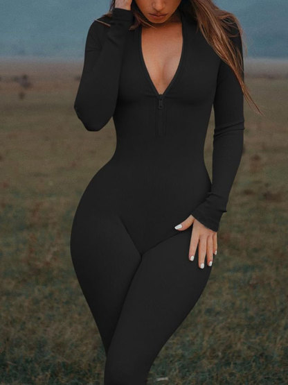 Yoga Jumpsuits Workout Ribbed Long Sleeve Zip Front Sport Jumpsuits
