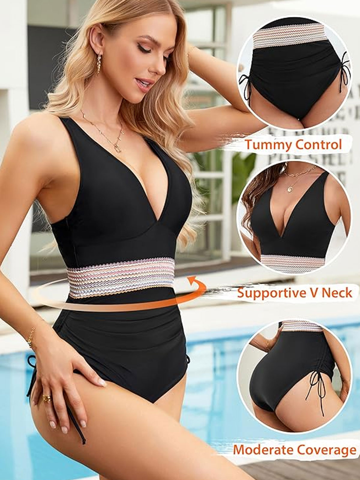 Women Tummy Control One Piece Slimming Modest Bathing Suit Color Block Drawstring Swimsuits
