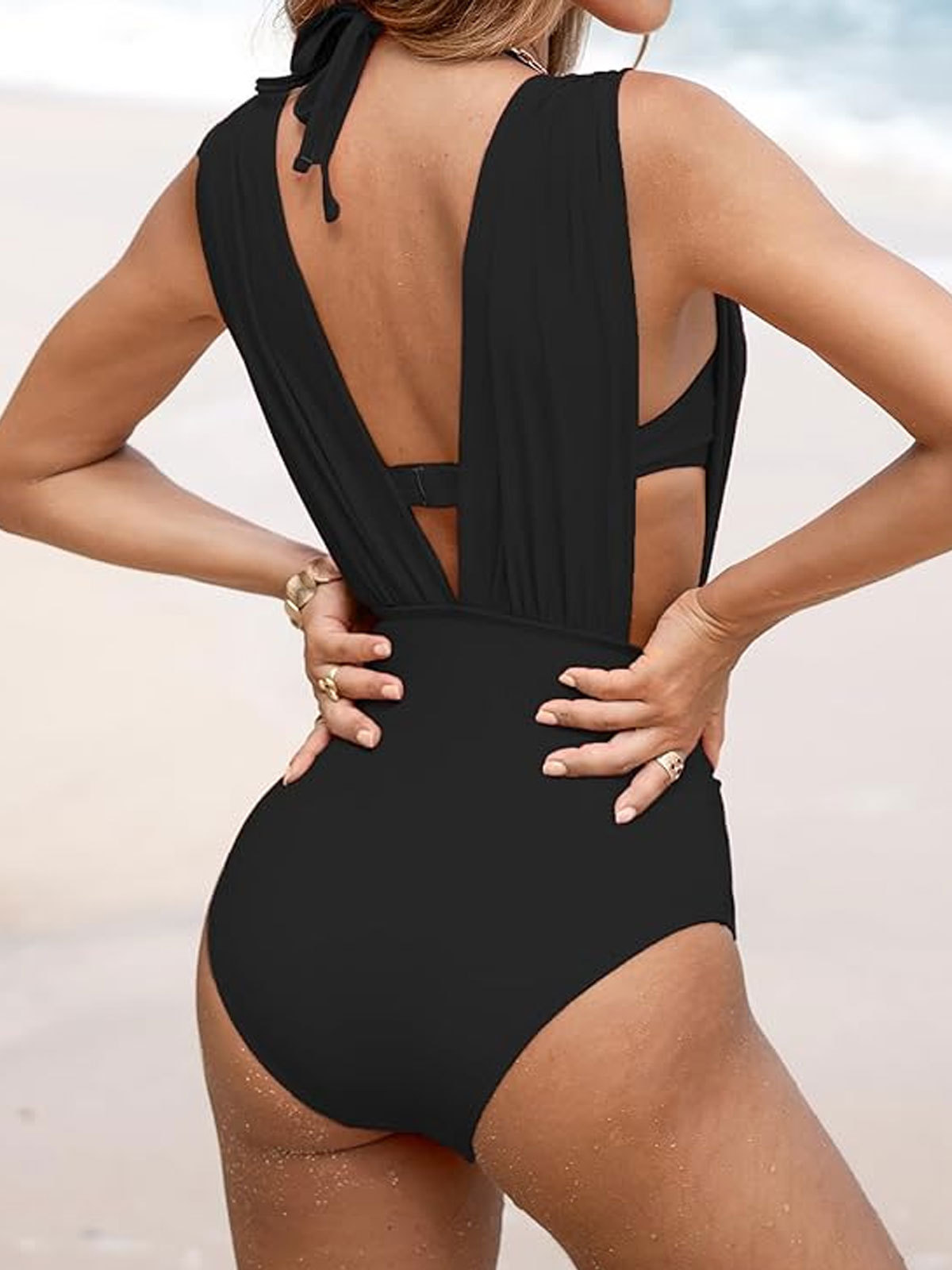 One Piece Swimsuit Halter Plunging Neck Bathing Suit Wide Straps Underwire Ruched Back Hook