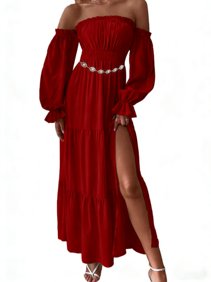 Women's Boho Sexy Off Shoulder Long Sleeve Maxi Dress High Waist Side Split A Line Tiered Long Dresses