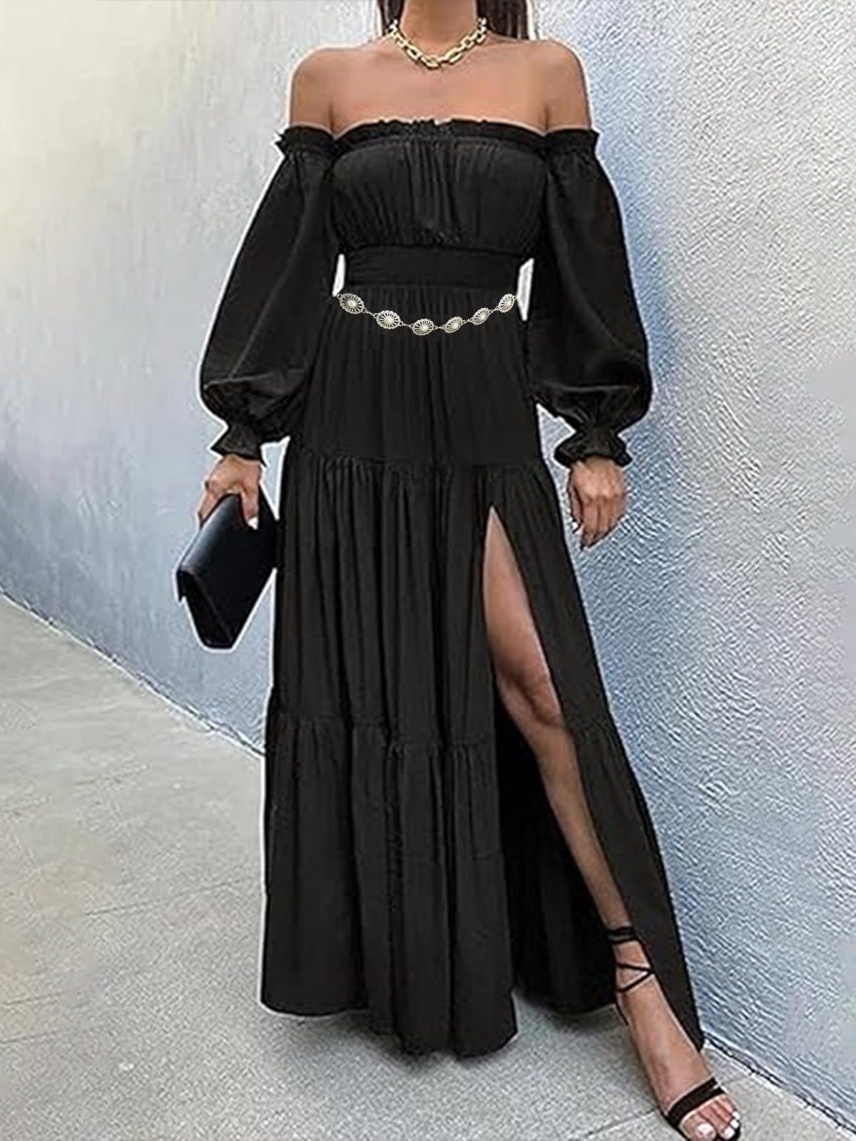 Women's Boho Sexy Off Shoulder Long Sleeve Maxi Dress High Waist Side Split A Line Tiered Long Dresses