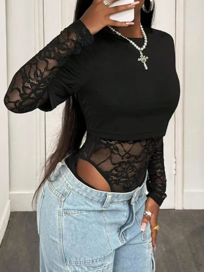 Women's Black Lace Long Sleeved Faux Two Piece Bodysuit