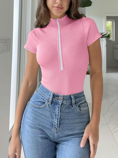 One-piece Short-sleeved Front-zip Briefs Jumpsuit