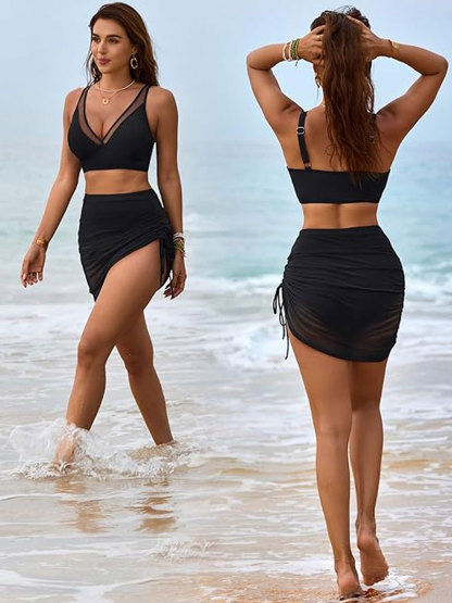 Swim Skirt High Waisted Bikini Sets Tummy Control Swimsuits Mesh Sarong Wraps Bathing Suits