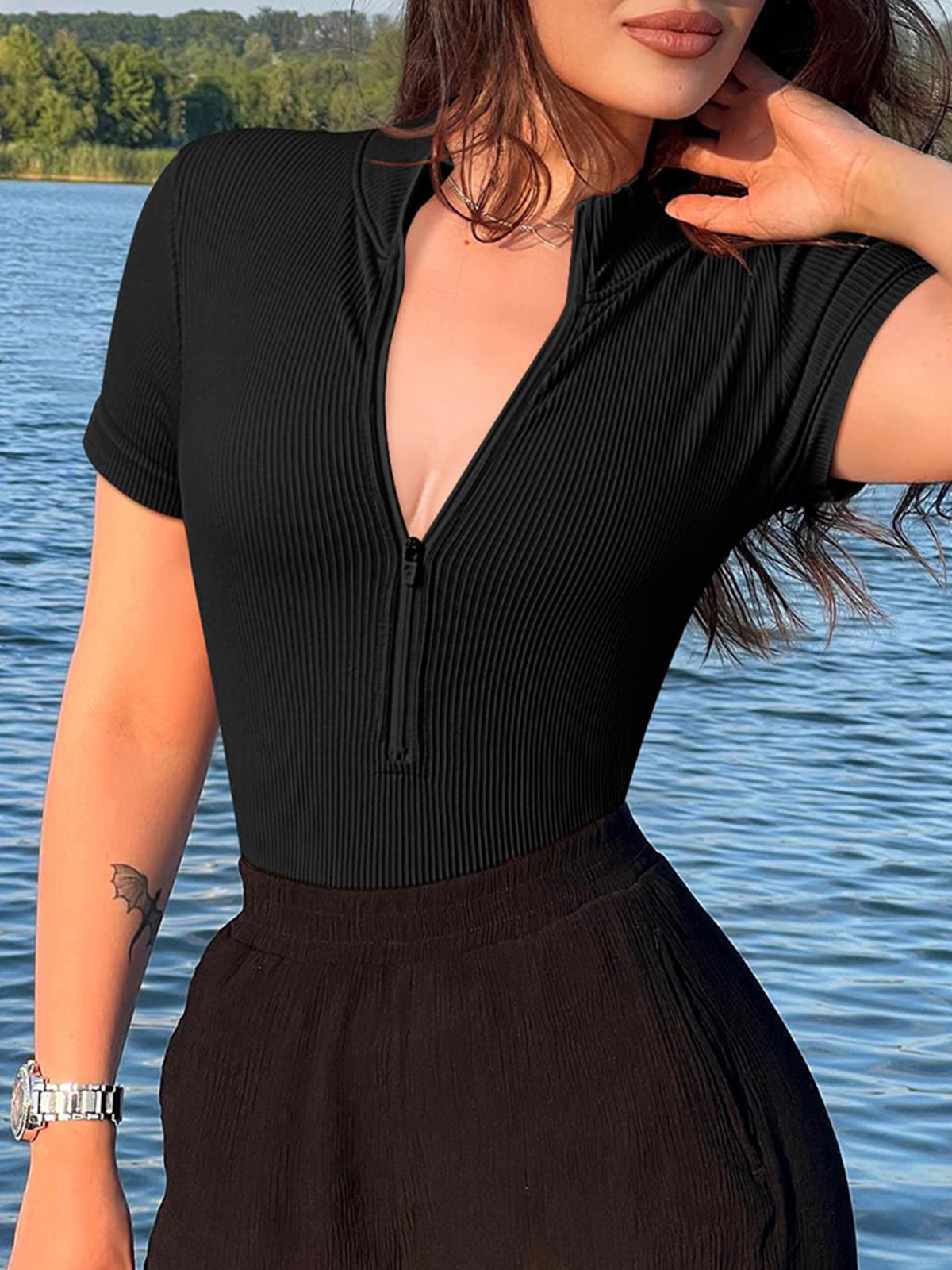 One-piece Short-sleeved Front-zip Briefs Jumpsuit