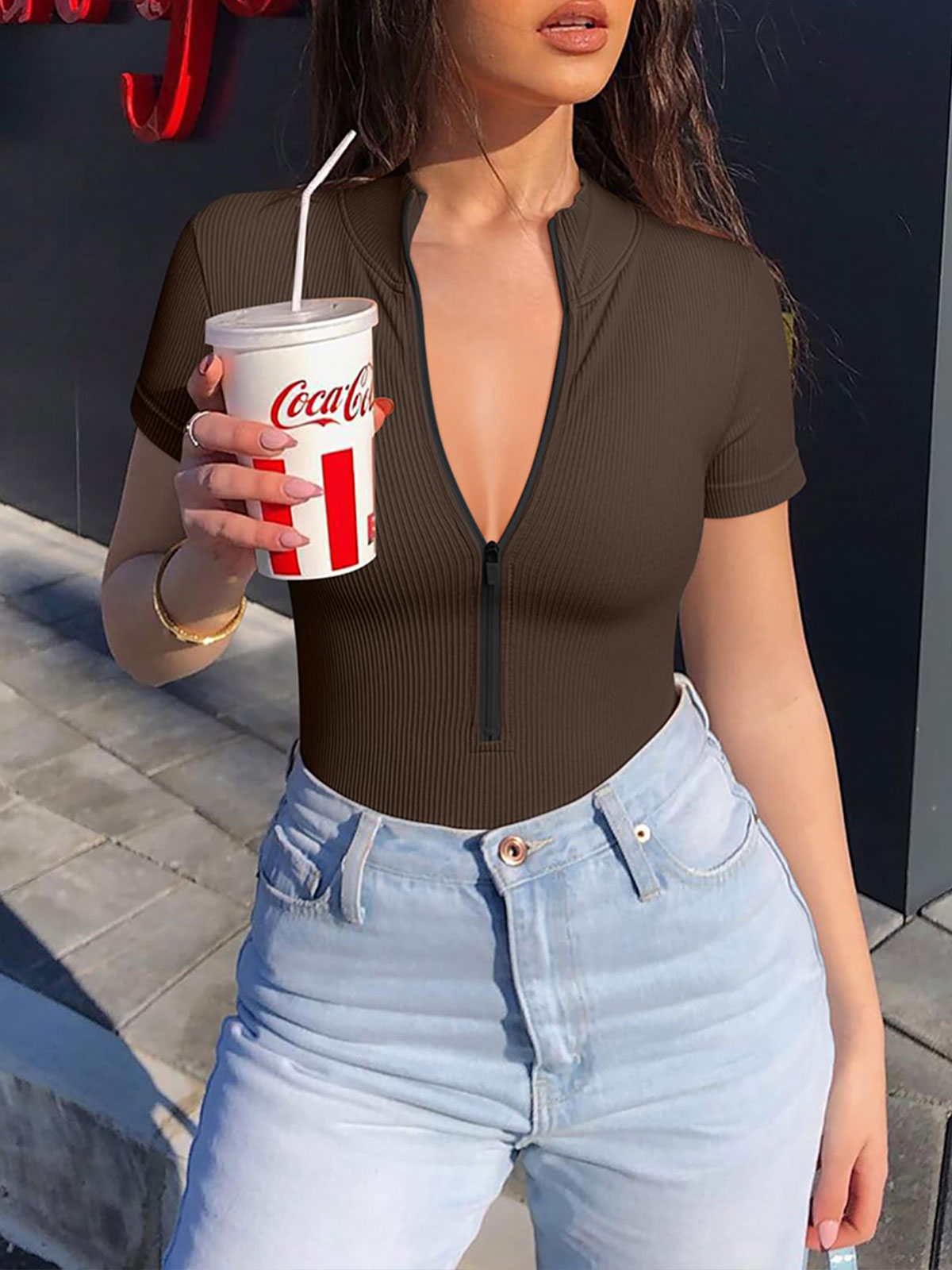 One-piece Short-sleeved Front-zip Briefs Jumpsuit