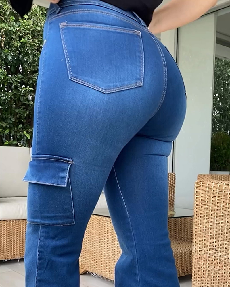 Pocket Cargo Style Flared Jeans
