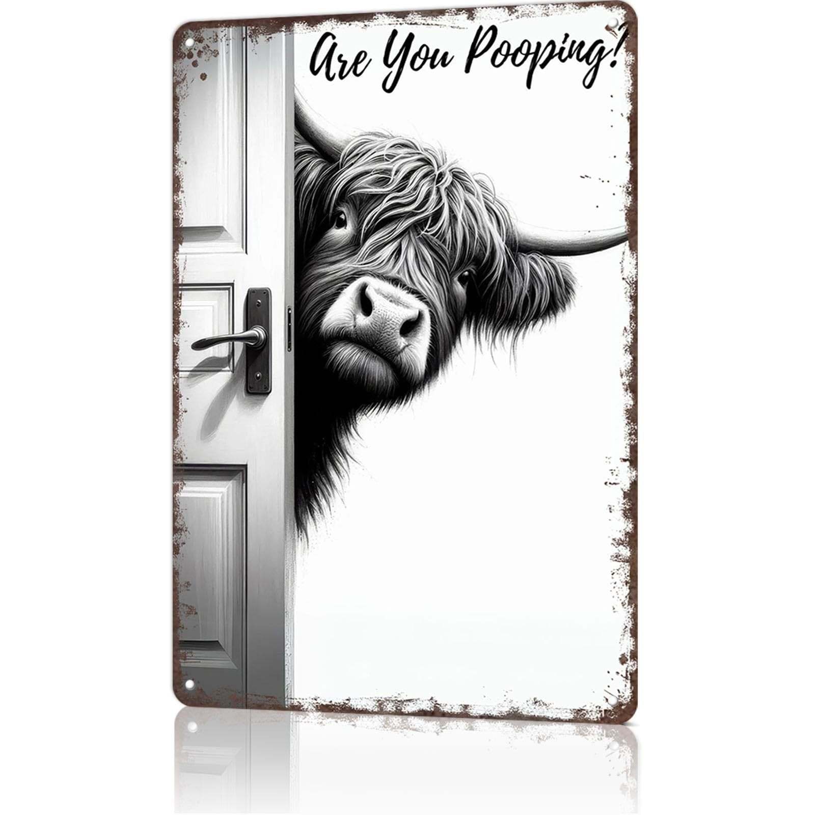 Vintage Highland Cow Sign – Funny Are You Pooping? Wall Decor😂