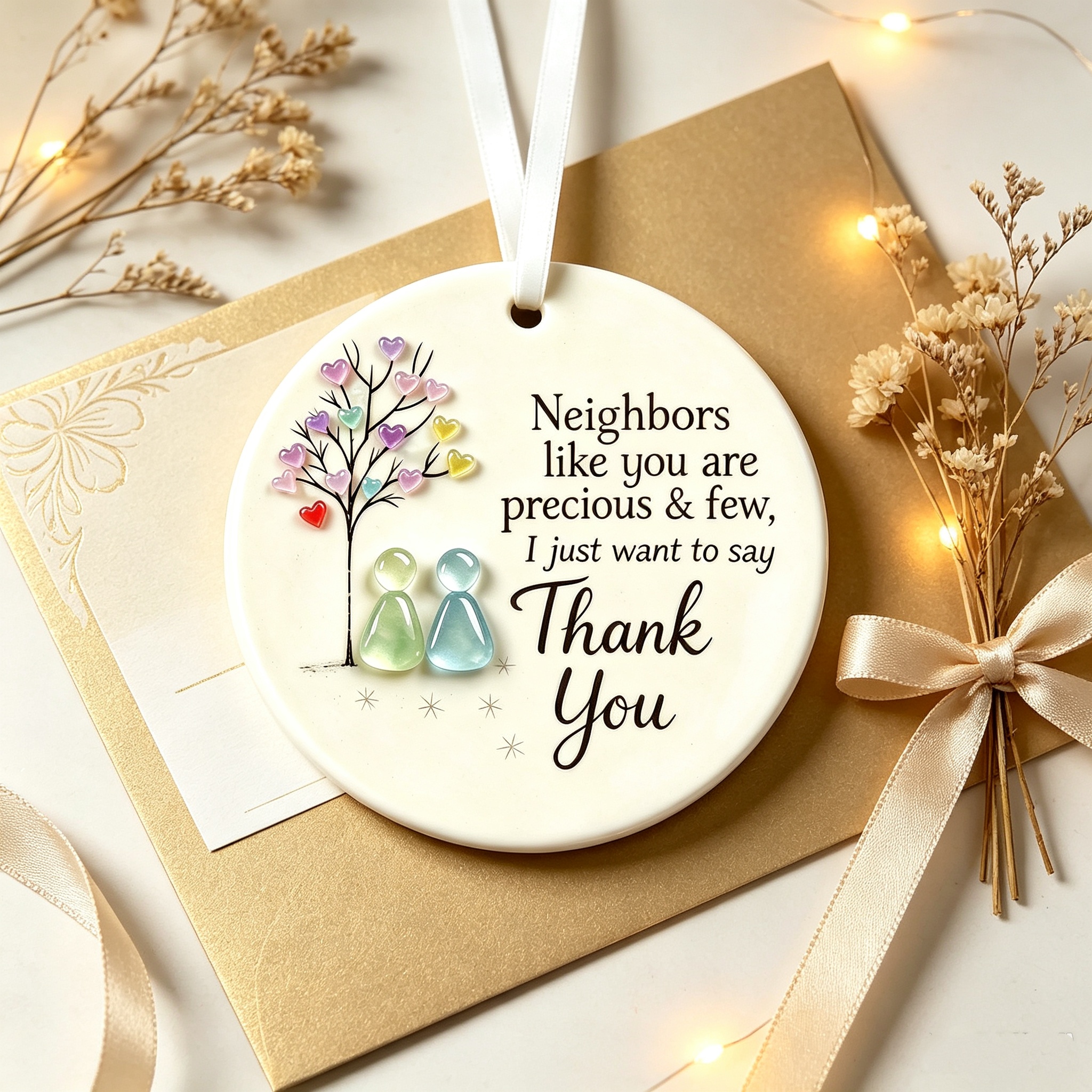 "Thank You, Neighbor" Round Sea Glass Hanging Ornament