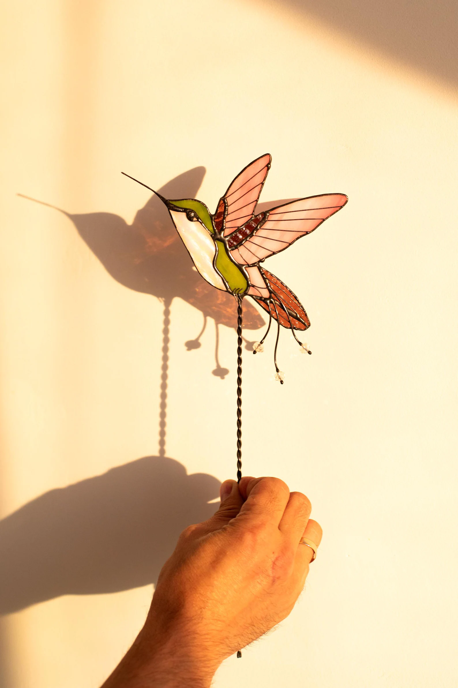 Stained glass hummingbird-shaped plant insert