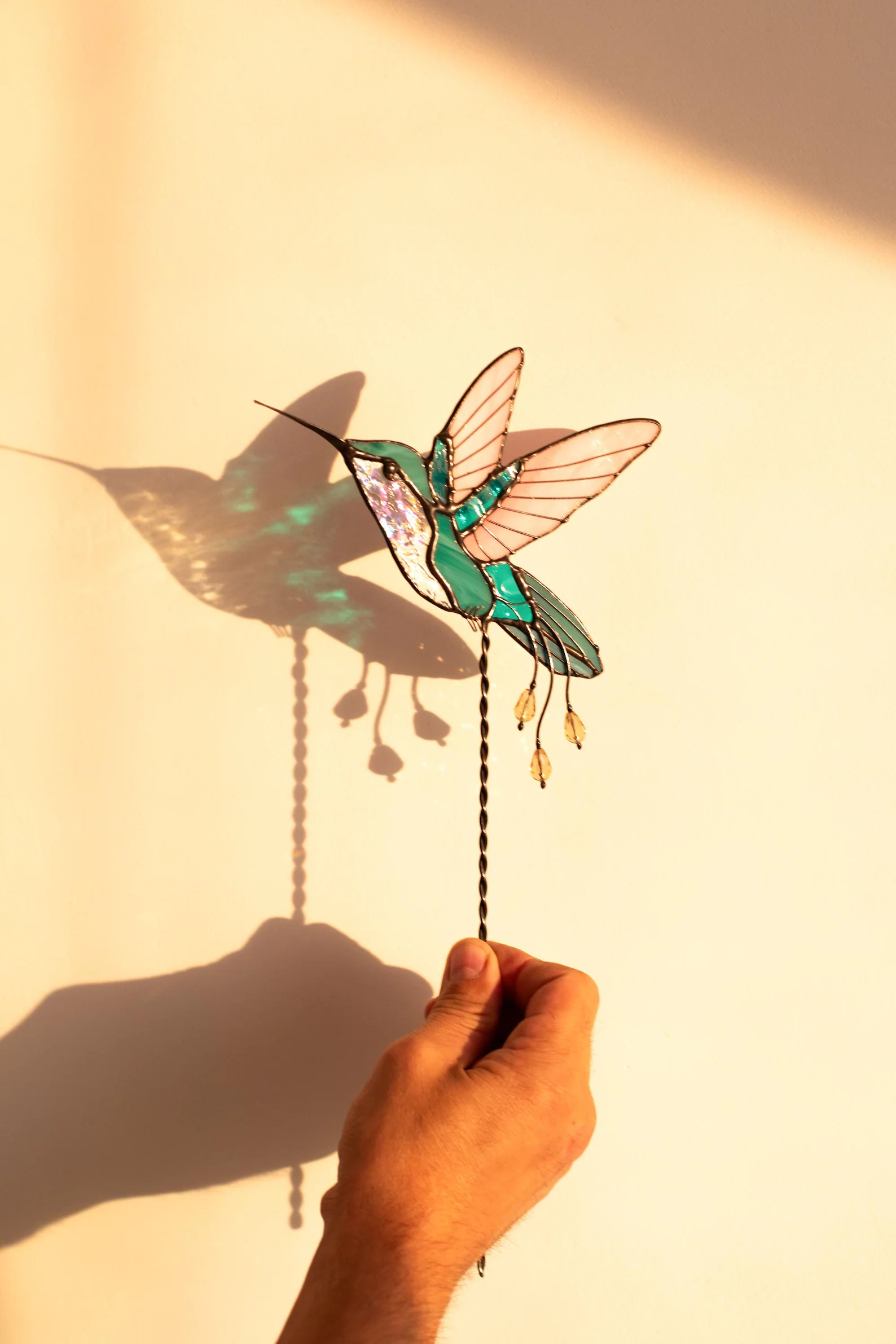 Stained glass hummingbird-shaped plant insert