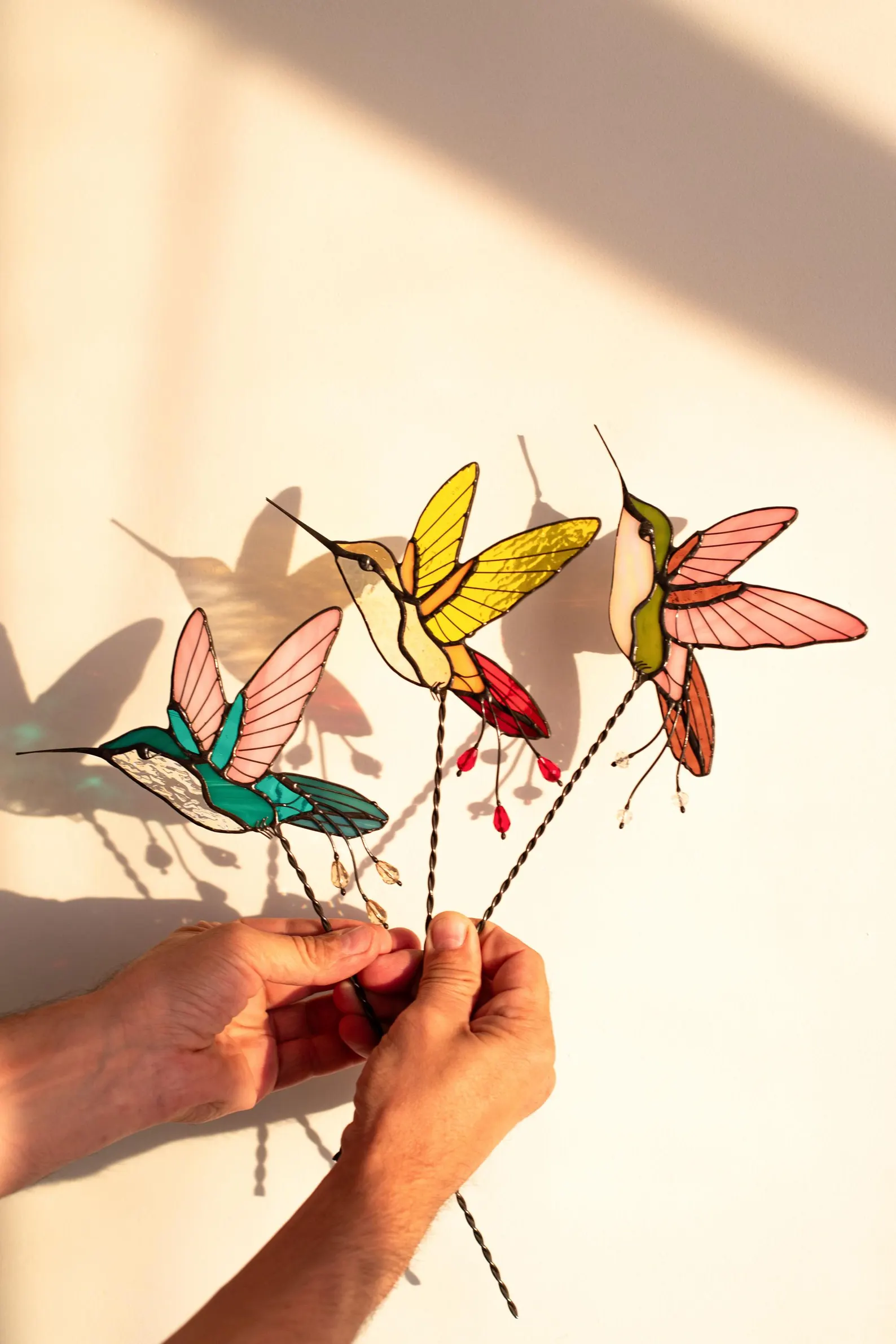 Stained glass hummingbird-shaped plant insert