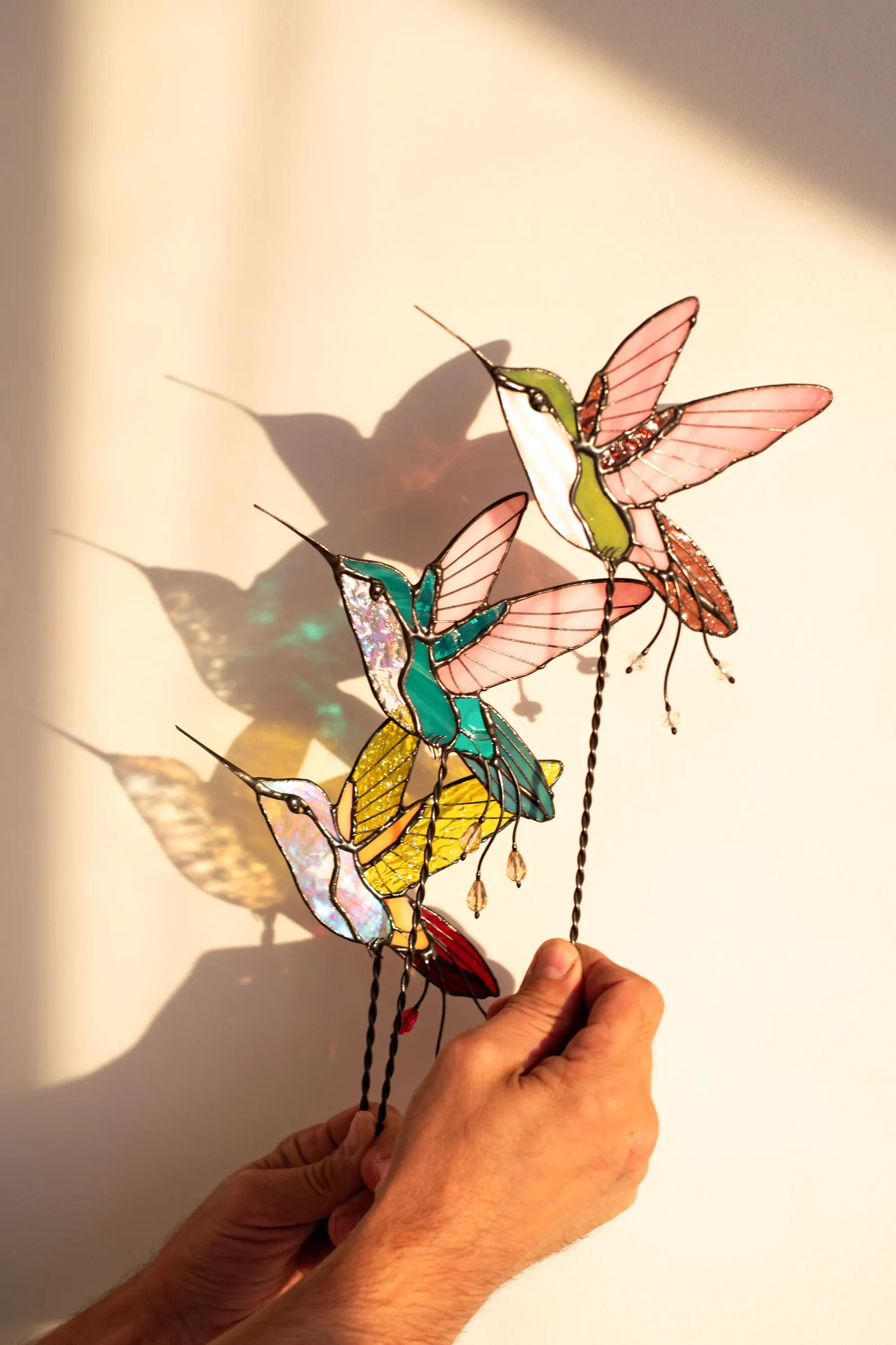 Stained glass hummingbird-shaped plant insert