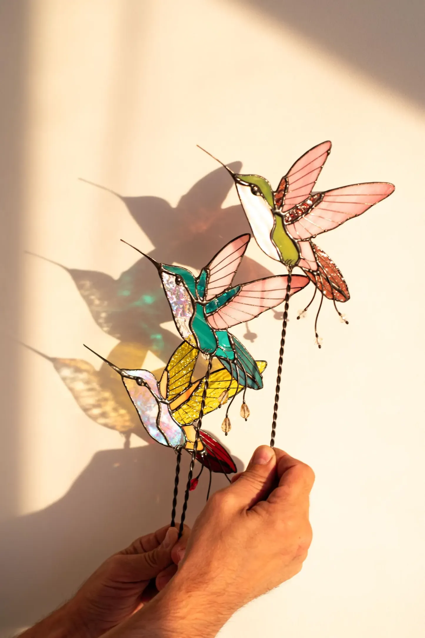 Stained glass hummingbird-shaped plant insert