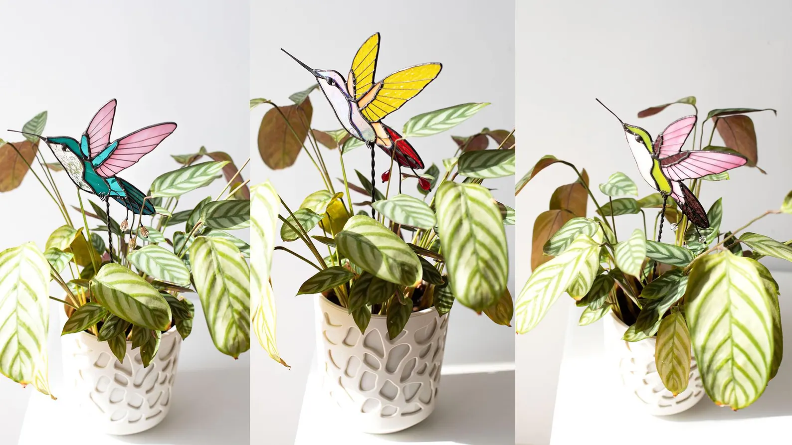 Stained glass hummingbird-shaped plant insert