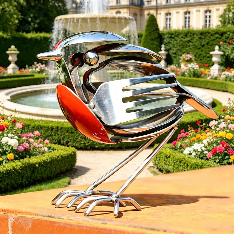 Handmade Silver Robin Garden Sculpture