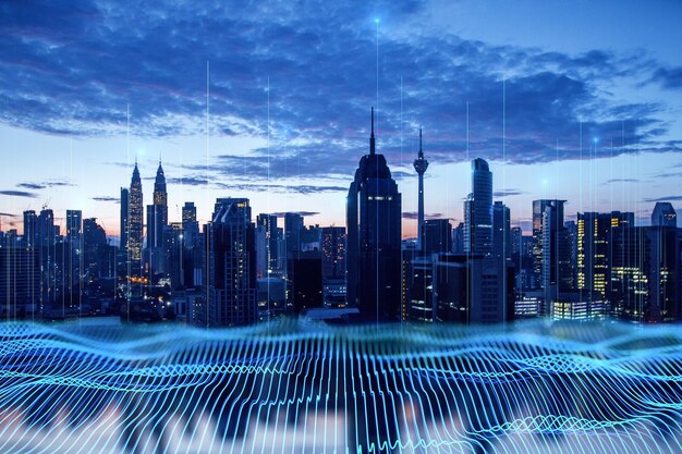 Photo big data transmission technology concept with digital blue wavy wires on night city skyline background double exposure