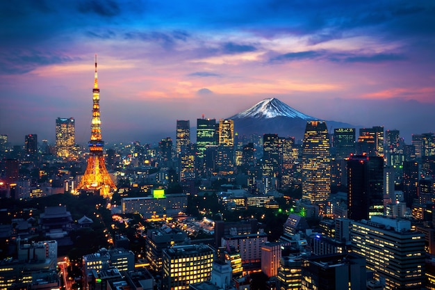 Vue aérienne gratuite de la ville de Tokyo avec le mont Fuji au Japon.