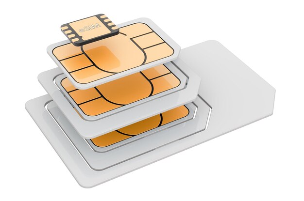 esim 나노 마이크로 및 미니 SIM 카드의 3D 렌더링 사진