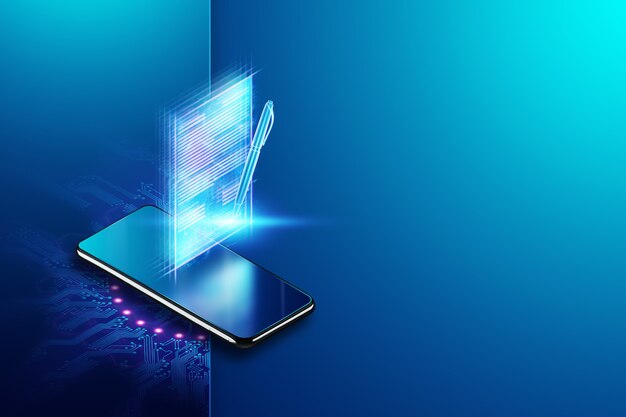 Photo concept of electronic signature, business at a distance, mobile phone and an image of a contract for signature. remote collaboration, copy space. mixed media. 3d illustration, 3d render.
