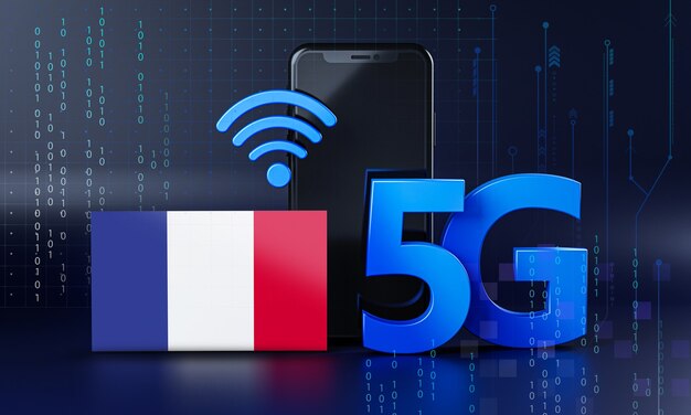 Foto de Francia lista para el concepto de conexión 5G. Renderizado en 3D de fondo de tecnología de smartphone