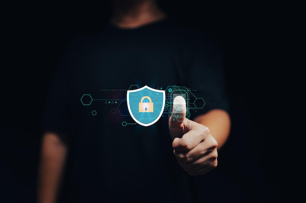 Photo data privacy a businessman uses fingerprint identification to access personal financial data importance of biometric security and innovative technology in combating digital cybercrime