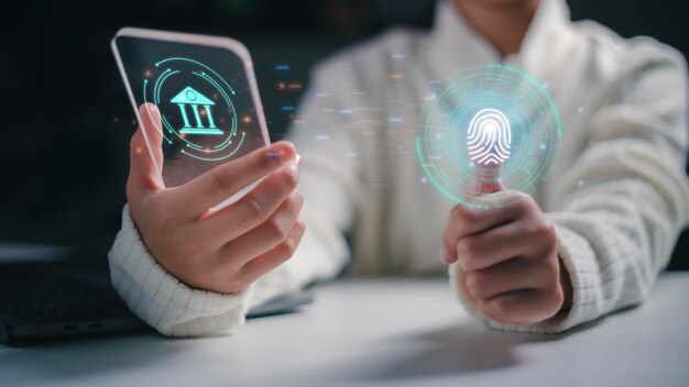 Photo woman uses fingerprint identification to access personal financial data the idea for ekyc biometrics security and innovation technology against digital cybercrime