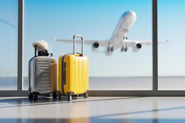 Photo grey and yellow suitcase in the airport