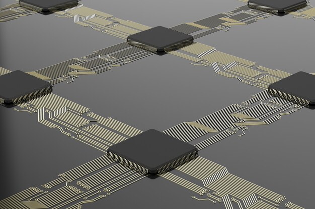 Photo 3d rendering cpu chips on black circuit board