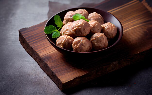 Photo beef ball fried on the dark wooden surface