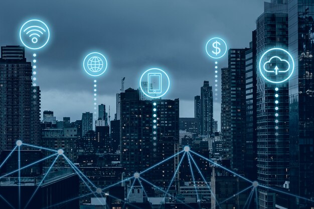 Free photo futuristic smart city with 5g global network technology