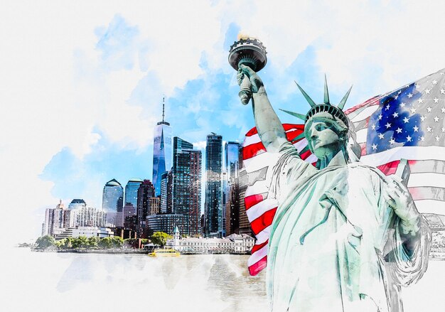 Photo watercolor painting illustration of statue of liberty with a large american flag and new york