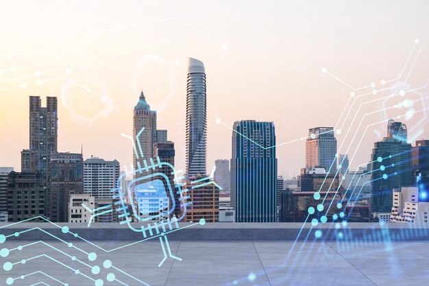 Photo rooftop with concrete terrace bangkok sunset skyline hi tech digital holograms to optimize business process by applying new technologies city downtown double exposure