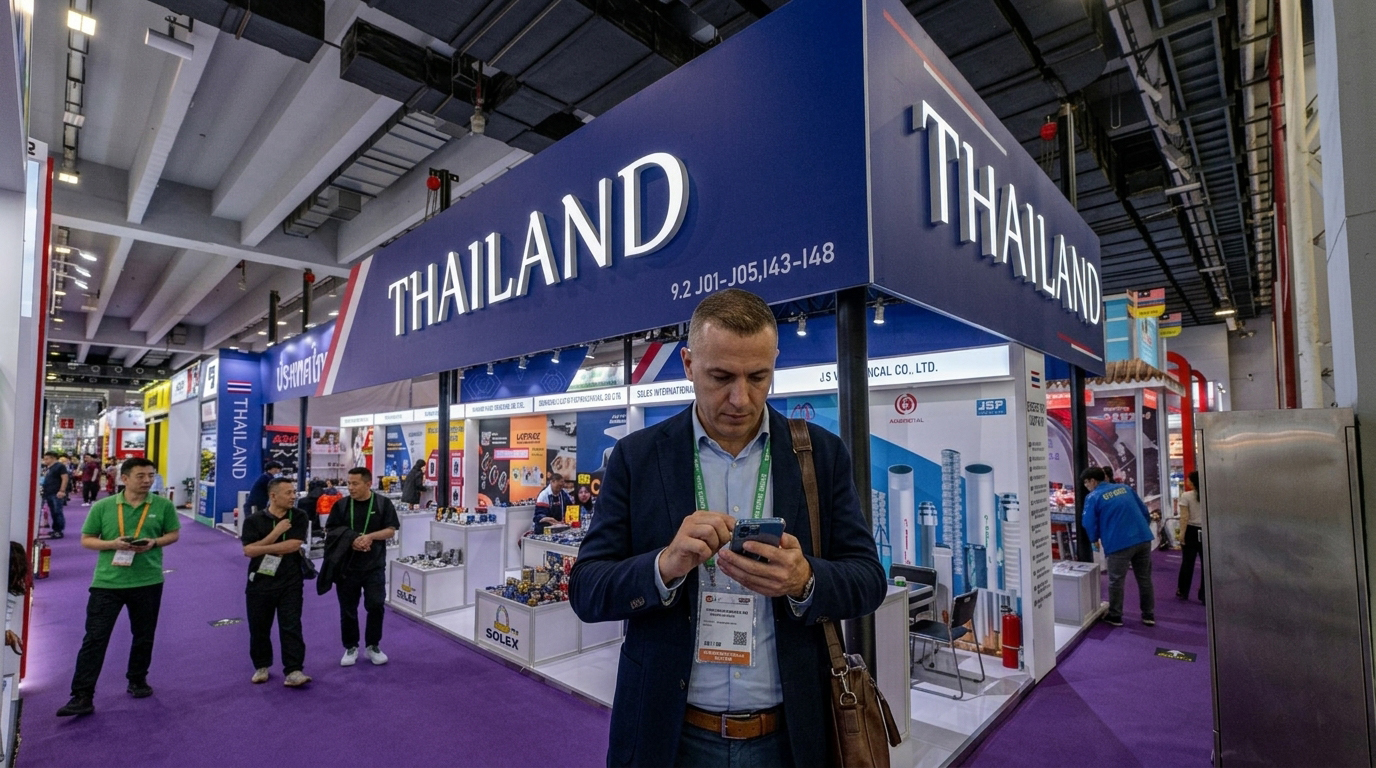 Overseas buyer checking a supplier message on a phone inside an exhibition hall